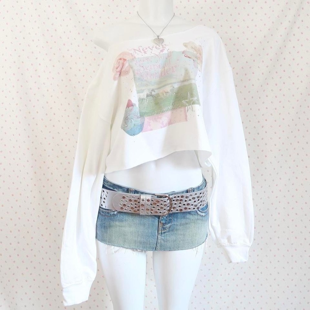 Y2K Horse Graphic Off Shoulder Sweatshirt Coquette Western McBling Top